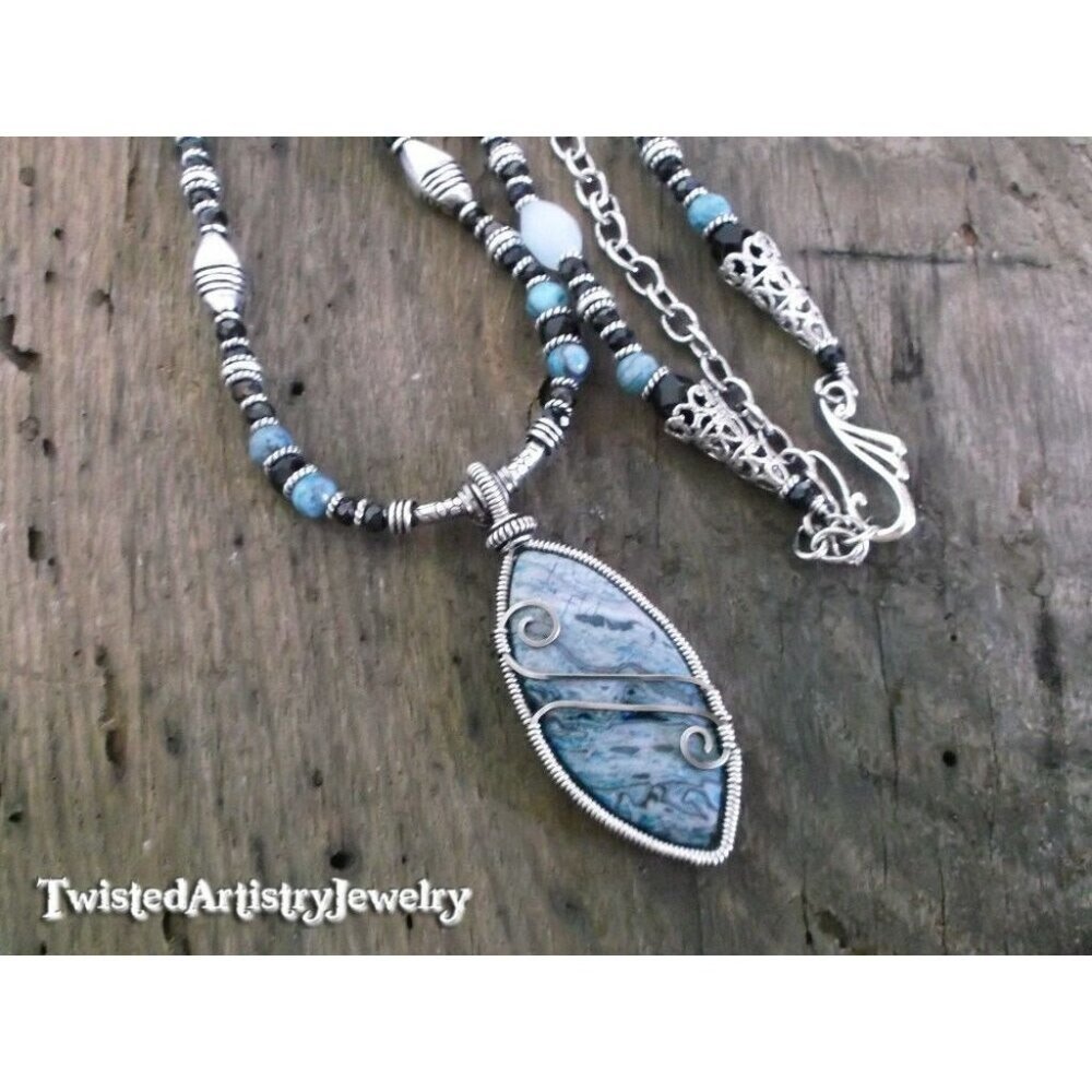 Blue Crazy Lace Agate Wire Wrap Pendant Beaded Necklace One-of-a-Kind Handmade - Picture 1 of 4